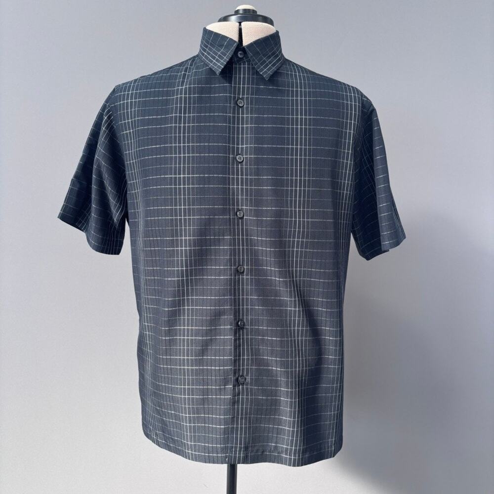 Axist Early 2000s Y2K Mens Short Sleeve Button Front Black Silver Plaid L